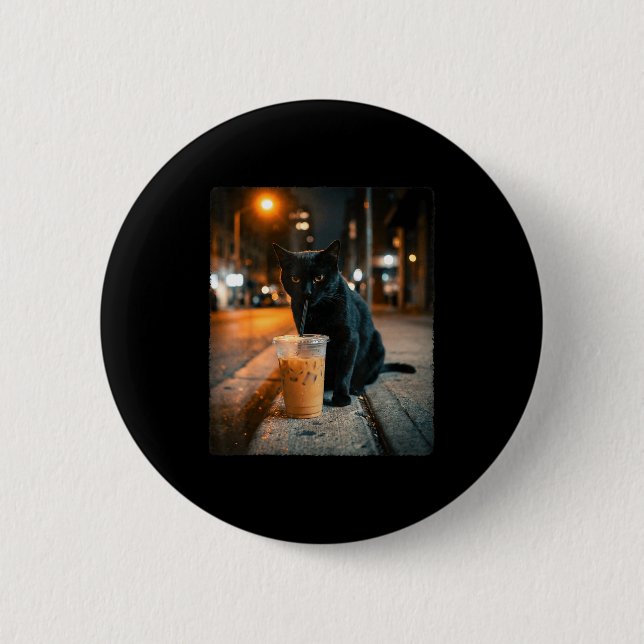 Cool black cat drinking iced coffee funny animal 6 cm round badge (Front)