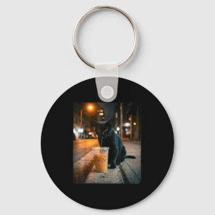 Cool black cat drinking iced coffee funny animal key ring
