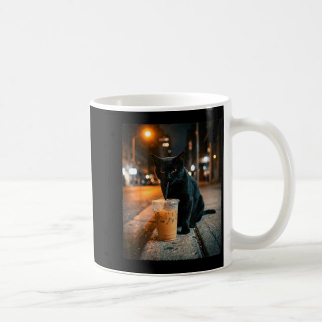 Cool black cat drinking iced coffee funny animal mug (Right)