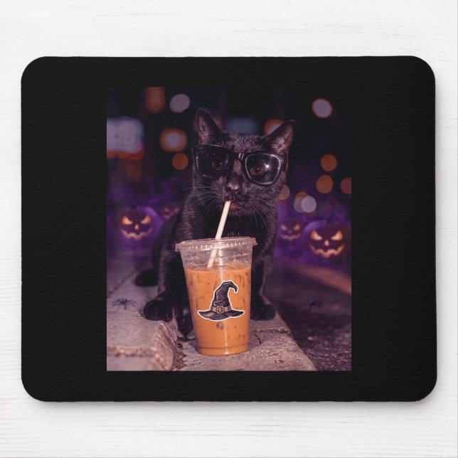 Cool black cat drinking iced coffee halloween mouse pad (Front)