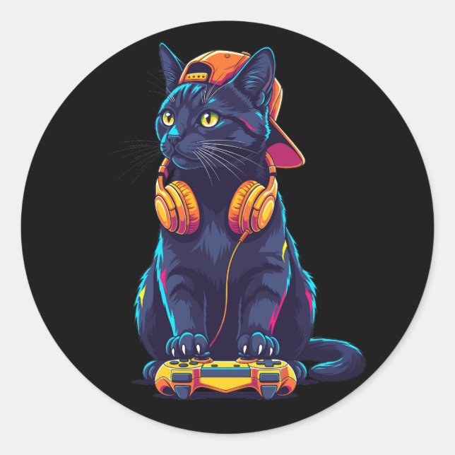 Cool Black Cat Gamer Halloween Spooky Design Classic Round Sticker (Front)