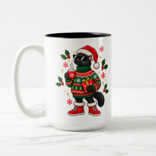 Cool Black Cat in Christmas Sweater Funny Holiday Two-Tone Coffee Mug