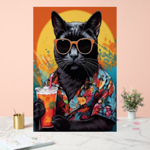 Cool Black Cat in Hawaiian Shirt Retro Pop Art Acrylic Sign