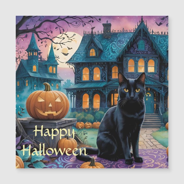 Cool Black Cat, Jack O Lanterns, Spooky House (Front)