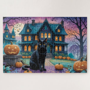 Cool Black Cat, Jack O Lanterns, Spooky House Jigsaw Puzzle