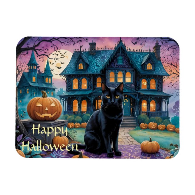 Cool Black Cat, Jack O Lanterns, Spooky House Magnet (Horizontal)