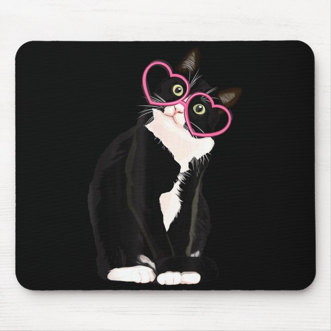 Cool Black Cat Kitten Red Heart Gles Happy Valenti Mouse Pad (Front)