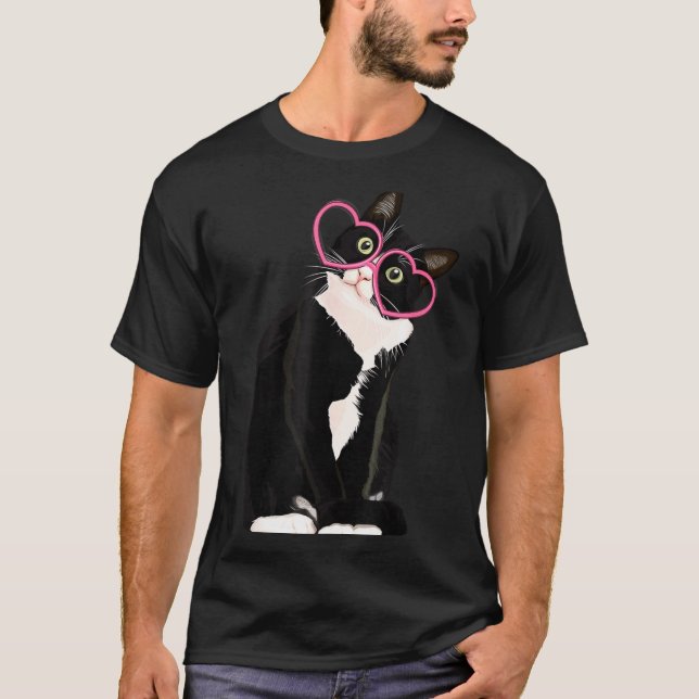 Cool Black Cat Kitten Red Heart Gles Happy Valenti T-Shirt (Front)