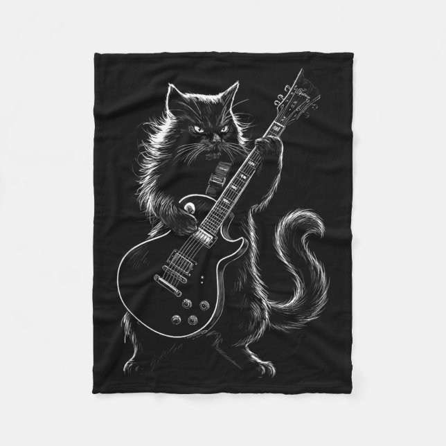 Cool Black Cat Playing Electric Guitar Rock Star Fleece Blanket (Front)