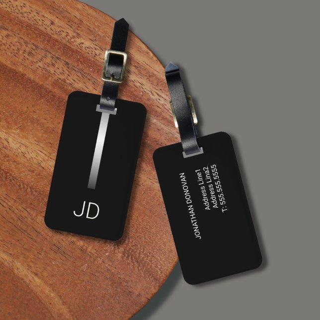 Cool Black Faux Silver Stripe Monogram Luggage Tag (Creator Uploaded)