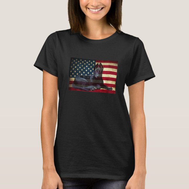 Cool Black German Shepherd With Flag T-Shirt (Front)