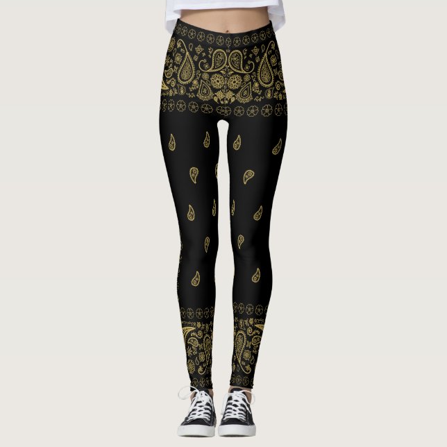 Cool Black Gold Paisley Leggings (Front)