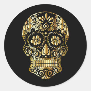Cool Black & Gold Sugar Skull Day of the Dead Classic Round Sticker