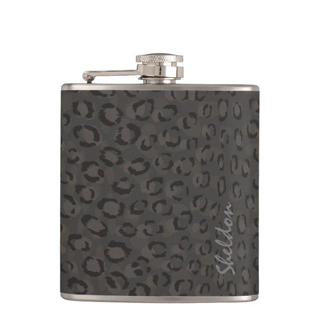 Cool black grey cheetah print monogram hip flask (Front)
