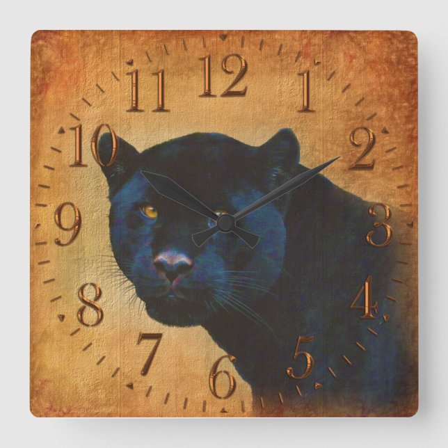 Cool Black Jaguar Panther Wildlife Big Cat Square Wall Clock (Front)