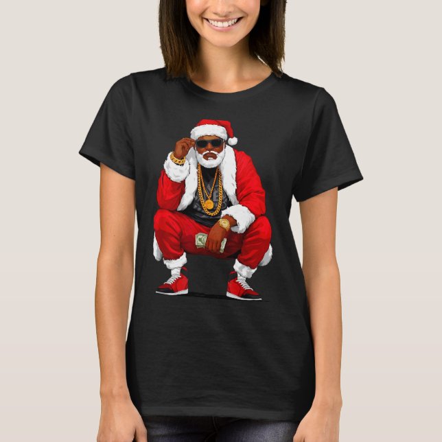 Cool Black Man Santa Claus Christmas African Ameri T-Shirt (Front)