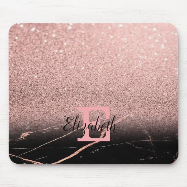 Cool Black  Marble,Glitter, Monogram-Personalised Mouse Pad (Front)