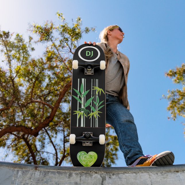Cool Black Monogrammed Bamboo and Heart Skateboard (Outdoor 1)