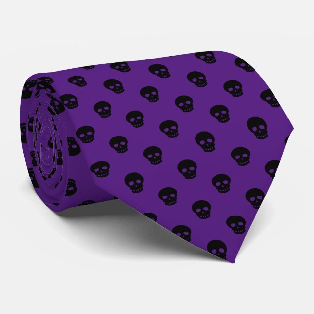 Cool Black Purple Skull Polka Dots Pattern Men Tie (Rolled)