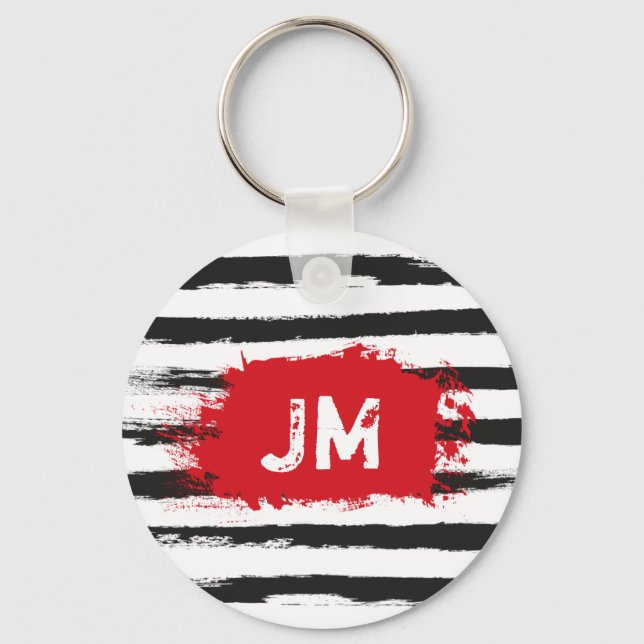 Cool BLACK STRIPES Brushstroke + Custom Monogram Key Ring (Front)