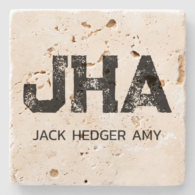 COOL BLACK THREE LETTER MONOGRAM NAME TRAVERTINE STONE COASTER (Front)