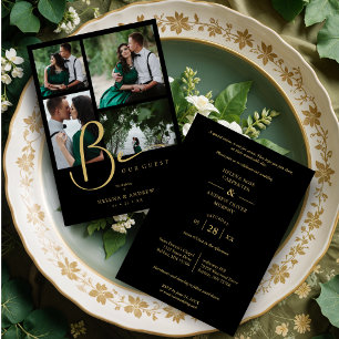 Cool Black Trendy 4 Multi Photos Collage Wedding Invitation