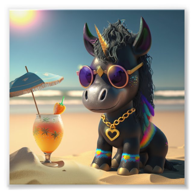 cool black Unicorn on the beach T-Shirt Photo Print (Front)