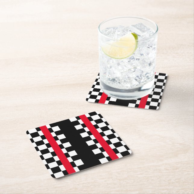 Cool Black White Chequered Flags Pattern Square Paper Coaster (Insitu)