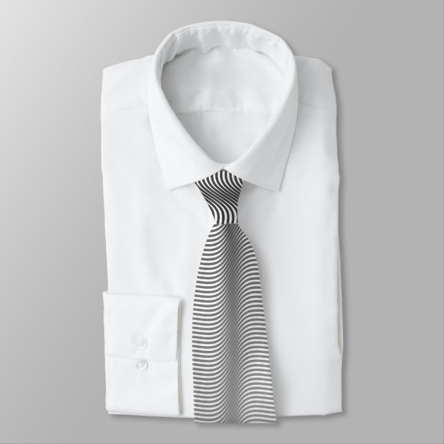 Cool Black & White Gradient Wavy Stripes Trippy Tie (Tied)
