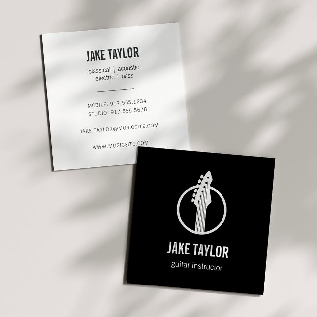 Cool Black & White Guitar Instructor Square Business Card (Creator Uploaded)