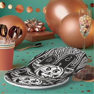 Cool Black White Halloween Pumpkin Cemetery Art Paper Plate