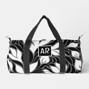 Cool Black & White Modern Floral Pattern Monogram Duffle Bag
