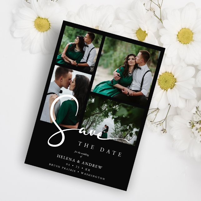 Cool Black & White Trend 4 Multi Photos Collage QR Save The Date (Cool Black & White Trend 4 Multi Photos Collage QR Save The Date Card.)