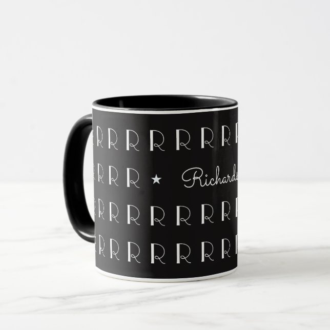 Cool black&white typography mug with initial R (Front Left)