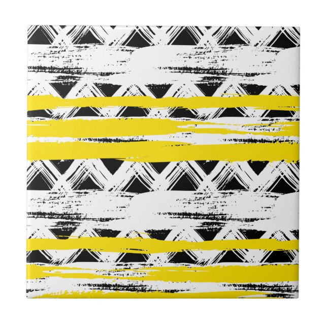 Cool Black White Yellow Stripes Tribal Pattern Ceramic Tile (Front)