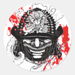 Cool blood splatter samurai demon mask helm tattoo classic round sticker