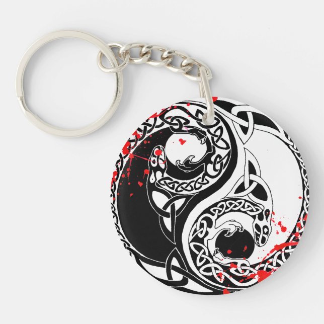 Cool blood splatter Yin Yang Dragons tattoo art Key Ring (Front)