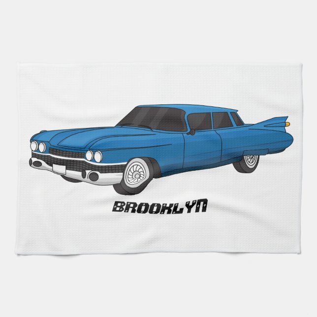Cool blue 1959 classic car tea towel (Horizontal)