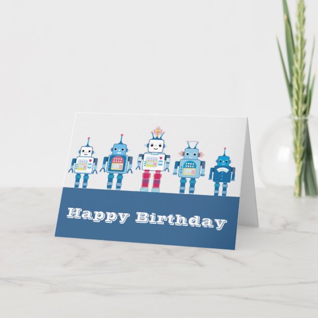 Cool Blue and Red Robots Novelty Gifts Card (Front)