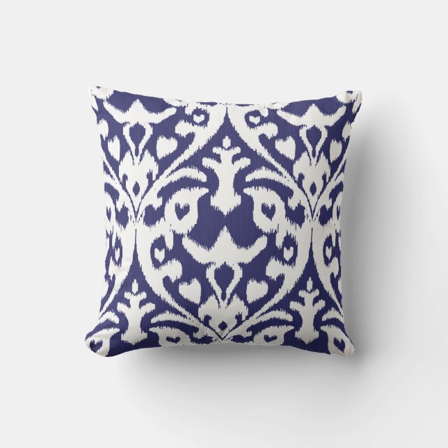 Cool blue and white ikat tribal pattern cushion (Front)