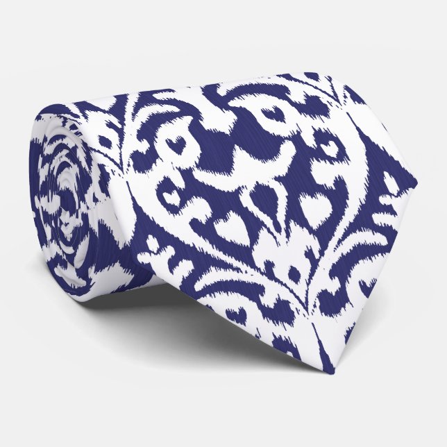 Cool blue and white ikat tribal pattern tie (Rolled)