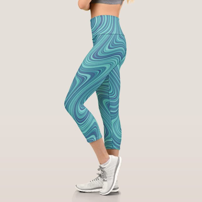 Cool Blue/Aqua/Turquoise Curvy Lined Abstract  Capri Leggings (Left)
