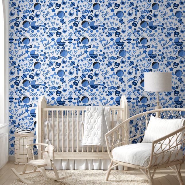 cool blue Baby boy Nursery Pattern elegant Wallpaper (Kids)