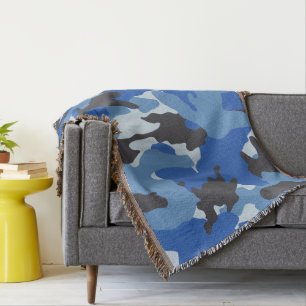 Cool Blue Camo Military Woven Throw Blankets
