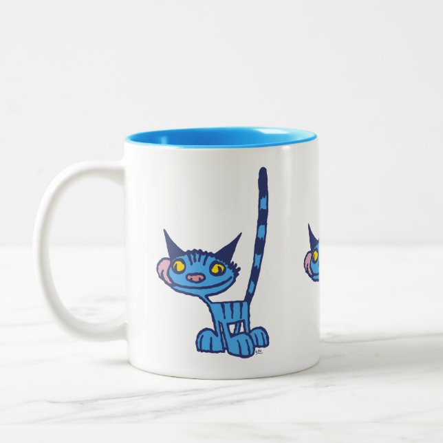 Cool Blue Cartoon Cat Two-Tone Coffee Mug (Left)