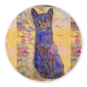 cool blue cat ceramic knob