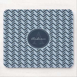 Cool Blue Chevron Pattern Monogram Mouse Pad