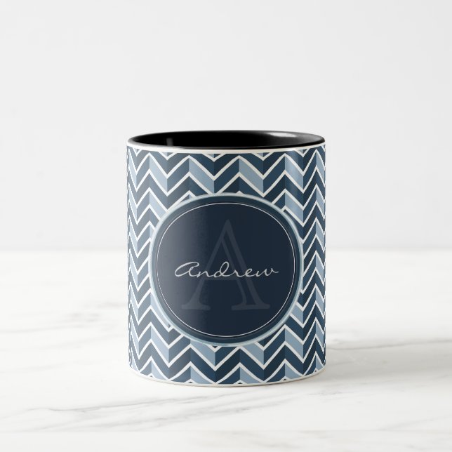 Cool Blue Chevron Pattern Monogram Two-Tone Coffee Mug (Center)