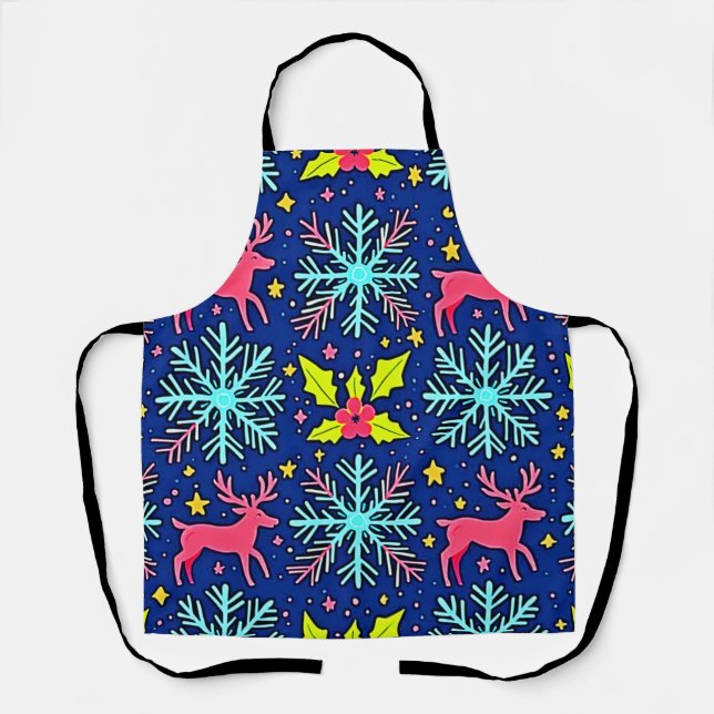 Cool Blue Christmas Reindeer Pattern Design Apron (Front)
