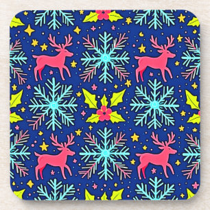 Cool Blue Christmas Reindeer Pattern Design Coaster